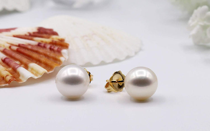 14K Heavy Yellow Gold Genuine White Pearl Stud Earrings