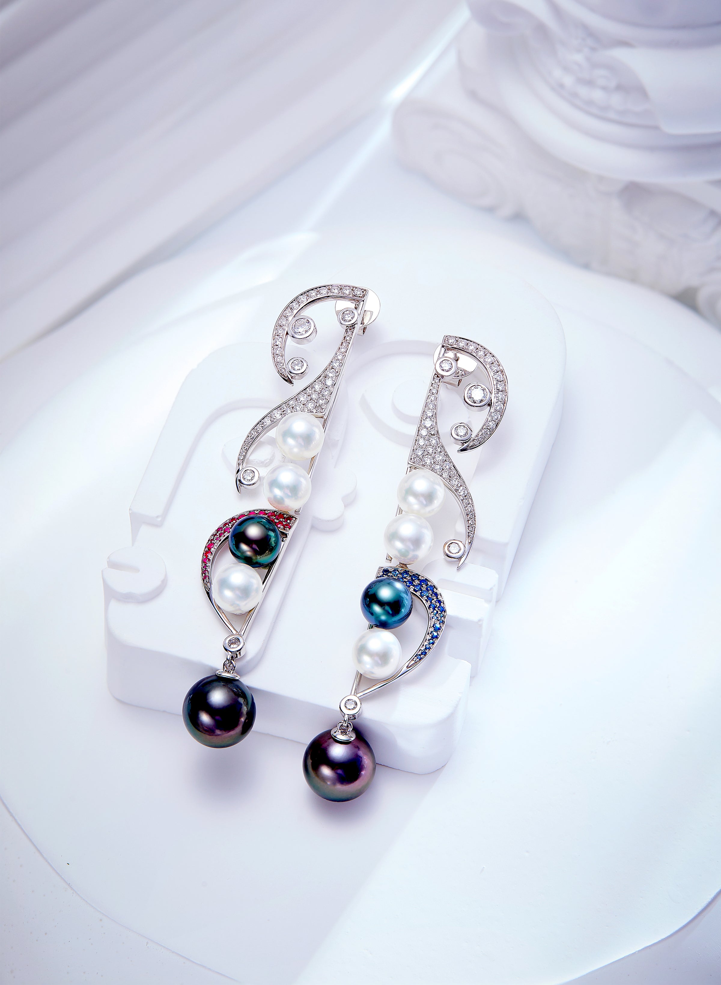 Chaulri Tahitian Pearl Akoya Pearl Diamond Ruby Sapphire Earrings