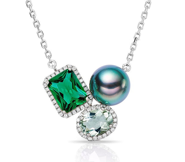 CHAULRI Tahitian Black Pearl Natural Prasiolite Light Green Amethyst Quartz Simulated Emerald Ombre Gemstone Pendant Necklace - CHAULRI