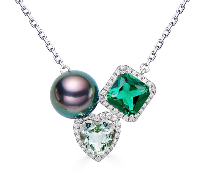 CHAULRI Tahitian Black Pearl Natural Prasiolite Light Green Amethyst Quartz Simulated Emerald Pendant Necklace