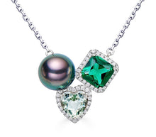 Load image into Gallery viewer, CHAULRI Tahitian Black Pearl Natural Prasiolite Light Green Amethyst Quartz Simulated Emerald Pendant Necklace