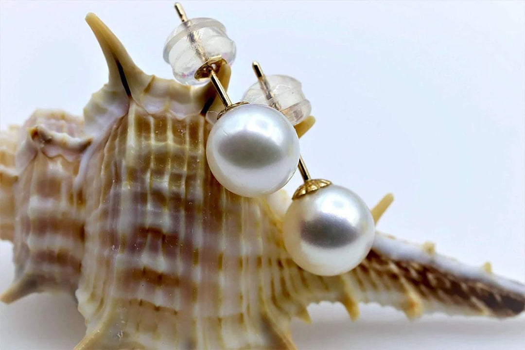 14K Gold Genuine White Pearl Stud Earrings - CHAULRI