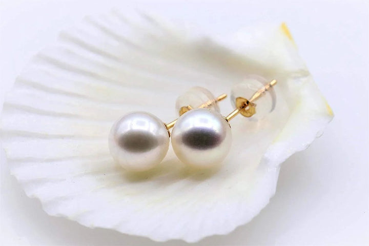 14K Gold Genuine White Pearl Stud Earrings - CHAULRI
