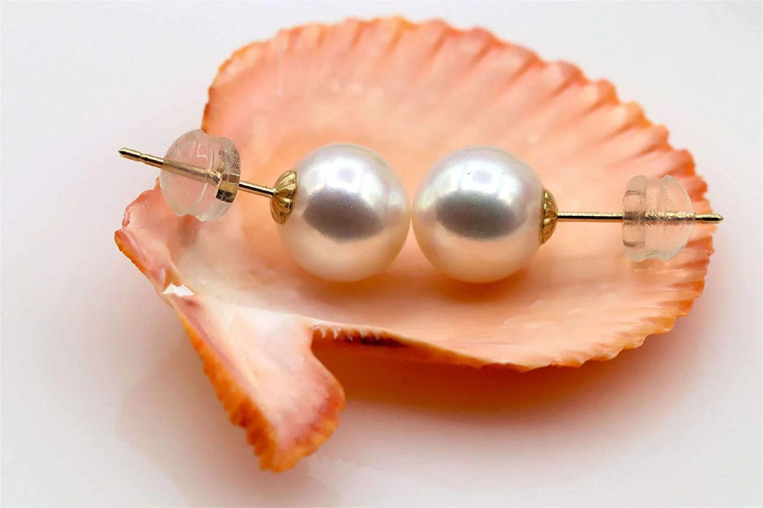 14K Gold Genuine White Pearl Stud Earrings - CHAULRI