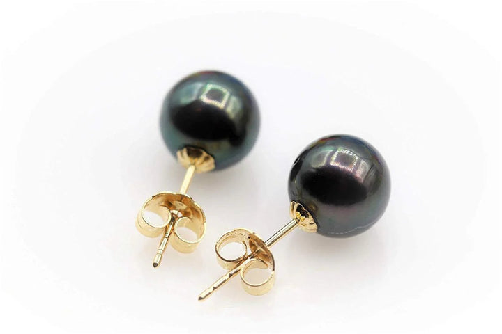14K Gold Premium Tahitian Black Pearl Stud Earrings - CHAULRI