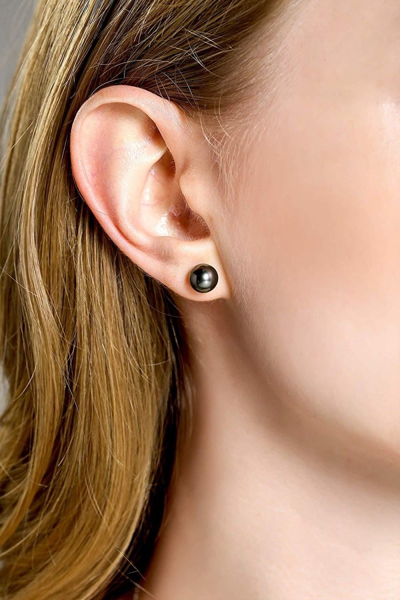 14K Gold Premium Tahitian Black Pearl Stud Earrings - CHAULRI