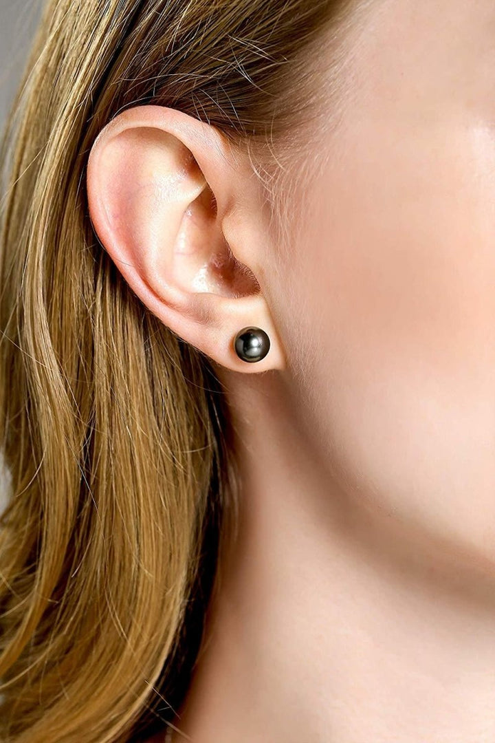 14K Gold Premium Tahitian Black Pearl Stud Earrings - CHAULRI