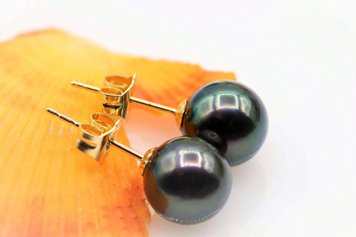 14K Gold Premium Tahitian Black Pearl Stud Earrings - CHAULRI