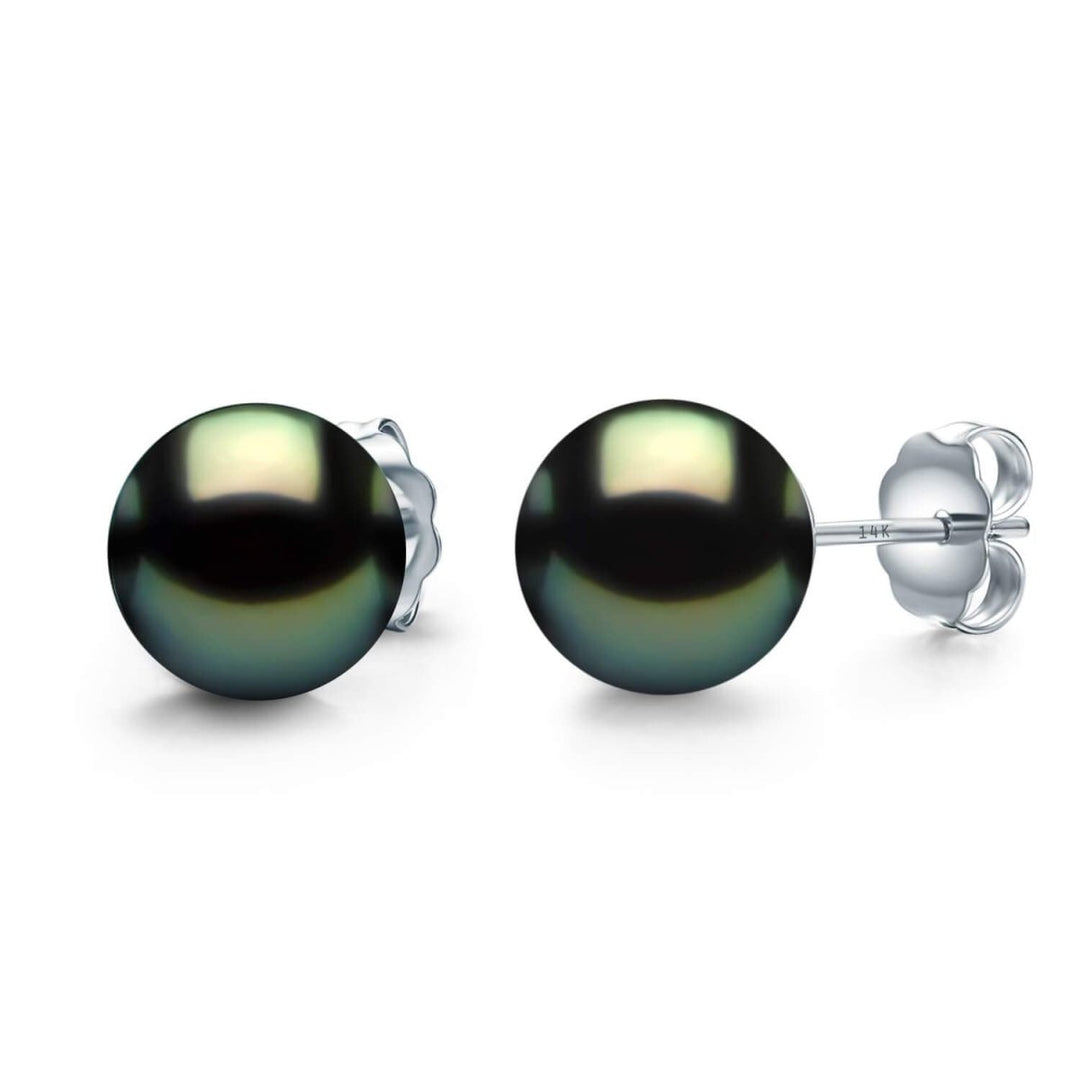 14K Heavy White Gold Tahitian Black Pearl Stud Earrings - CHAULRI