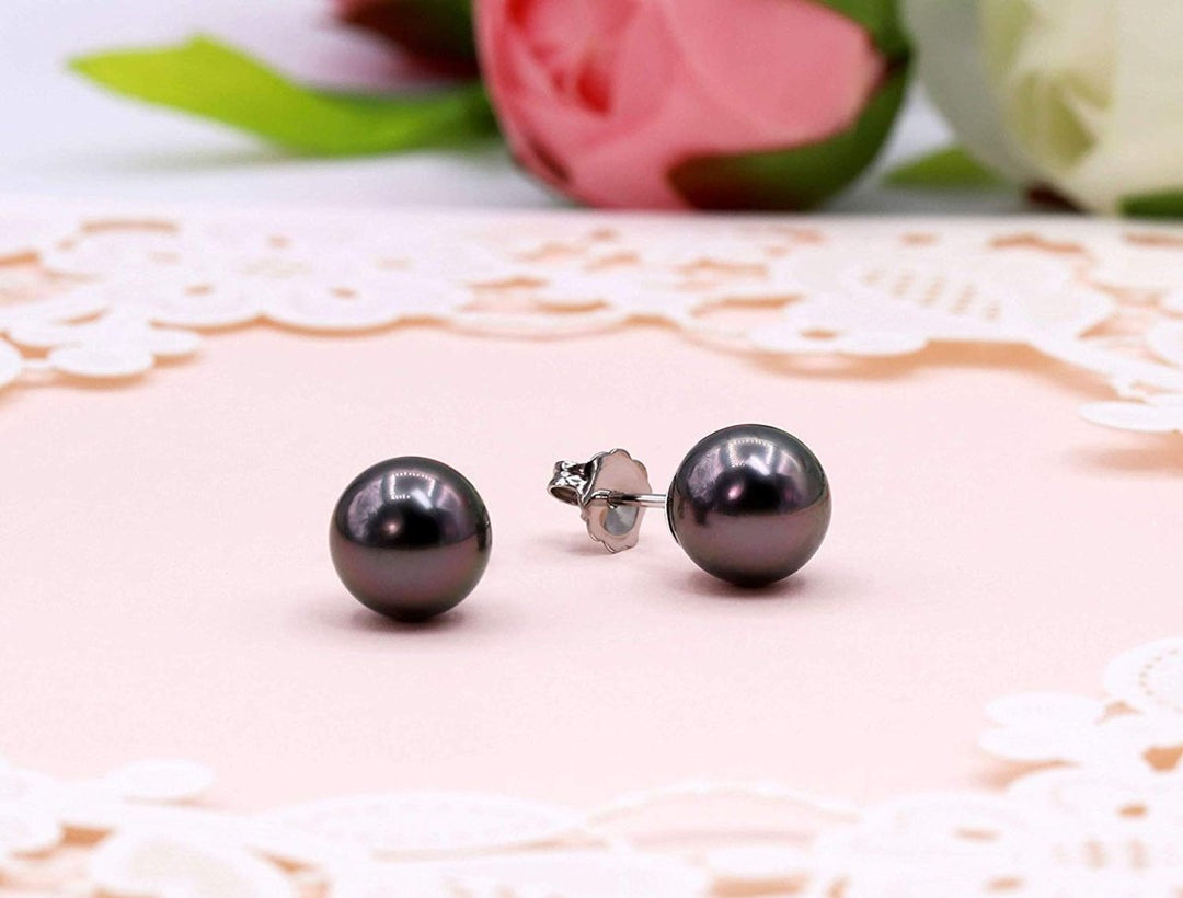 14K Heavy White Gold Tahitian Black Pearl Stud Earrings - CHAULRI