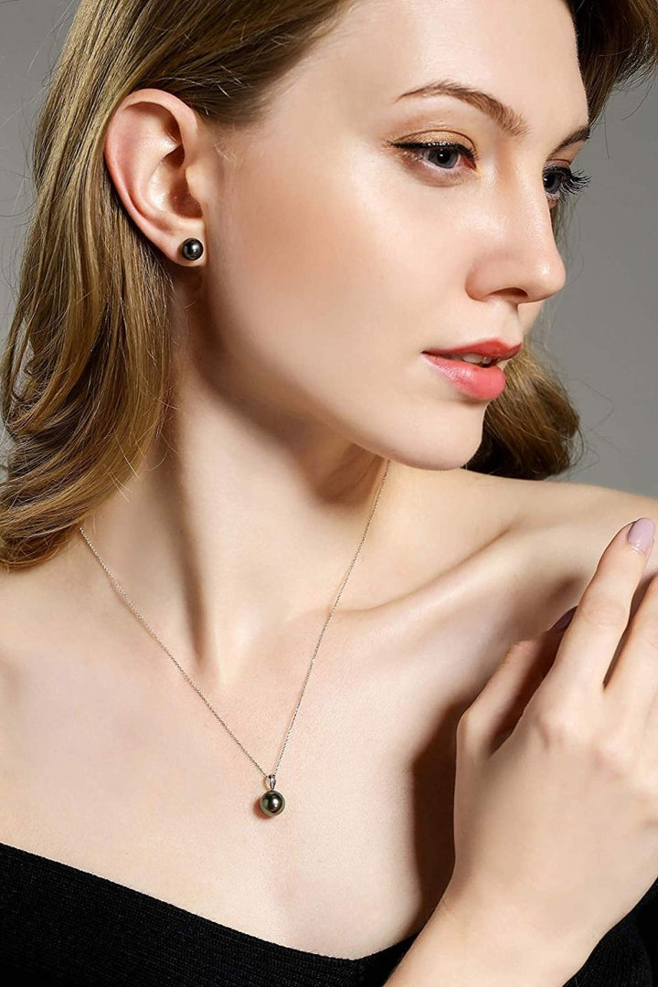 14K Heavy White Gold Tahitian Black Pearl Stud Earrings - CHAULRI