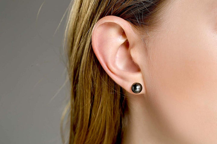 14K Heavy White Gold Tahitian Black Pearl Stud Earrings - CHAULRI