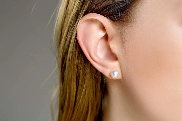 14K Heavy Yellow Gold Genuine White Pearl Stud Earrings - CHAULRI