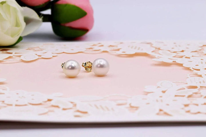 14K Heavy Yellow Gold Genuine White Pearl Stud Earrings - CHAULRI