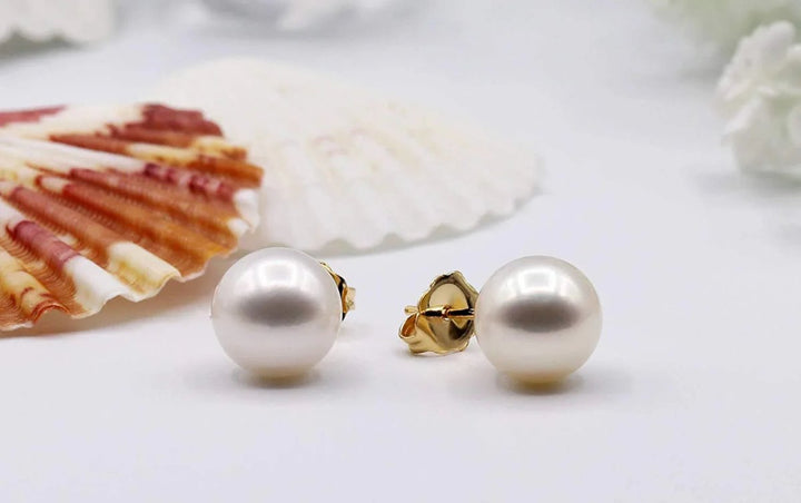 14K Heavy Yellow Gold Genuine White Pearl Stud Earrings - CHAULRI