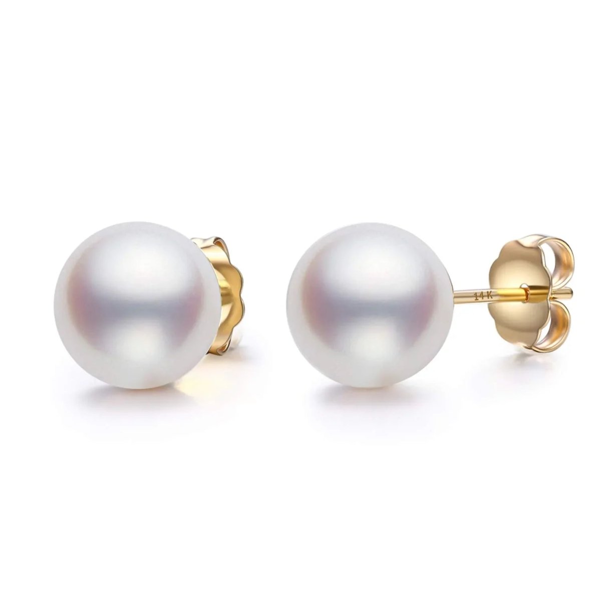 14K Heavy Yellow Gold Genuine White Pearl Stud Earrings - CHAULRI