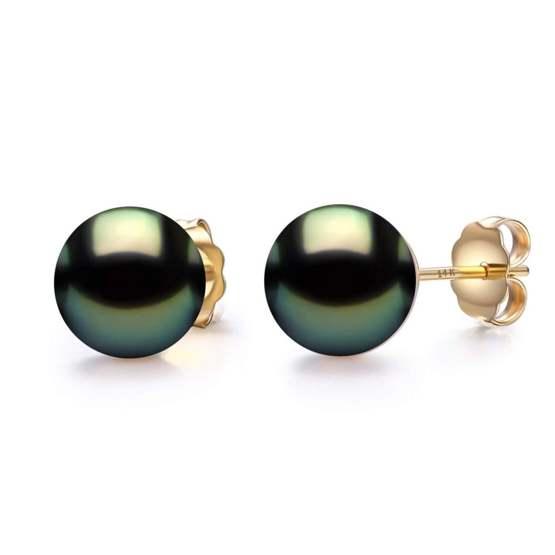 14K Thick Yellow Gold Tahitian Black Pearl Stud Earrings - CHAULRI