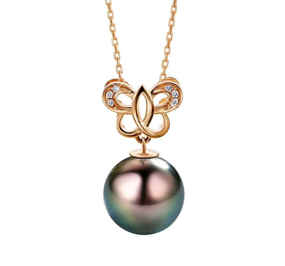 18K Gold Diamond Tahitian Black Pearl Butterfly Necklace - CHAULRI