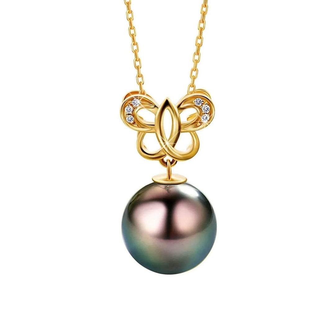 18K Gold Diamond Tahitian Black Pearl Butterfly Necklace - CHAULRI