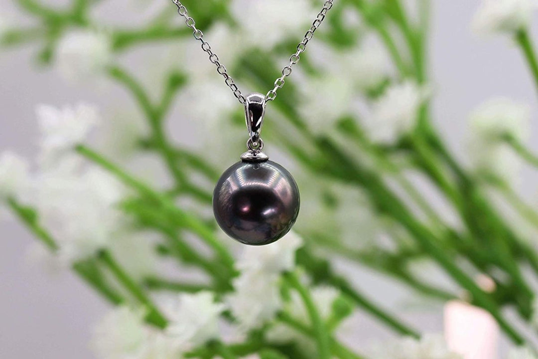 18K Solid Gold Tahitian Black Pearl Pendant Necklace - CHAULRI