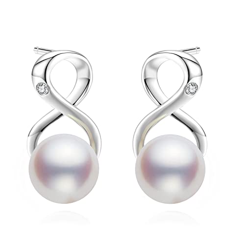 CHAULRI Infinity Earrings Genuine Premium White Pearl 8-9mm