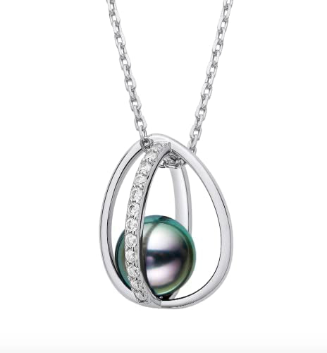 CHAULRI Drop of Love Tahitian Black Pearl Necklace w/ Moissanite accents and Adjustable 19 Inch Chain