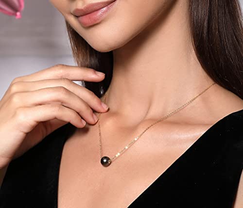 CHAULRI 18K Solid Rose Gold Floating Tahitian Black Single Pearl Pendant Necklace