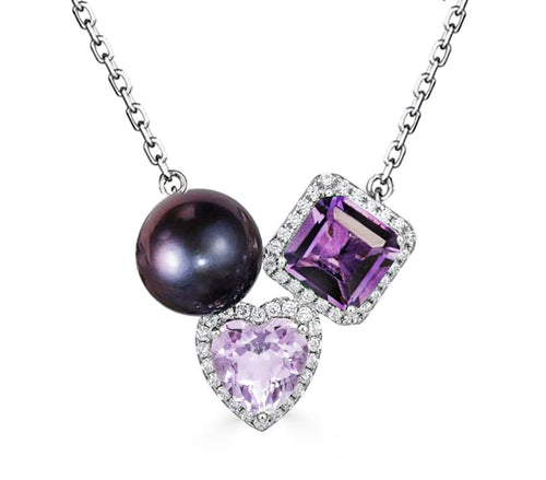 CHAULRI Tahitian Black Pearl Natural Purple Amethyst Ombre Gemstone Heart Shaped Pendant Necklace
