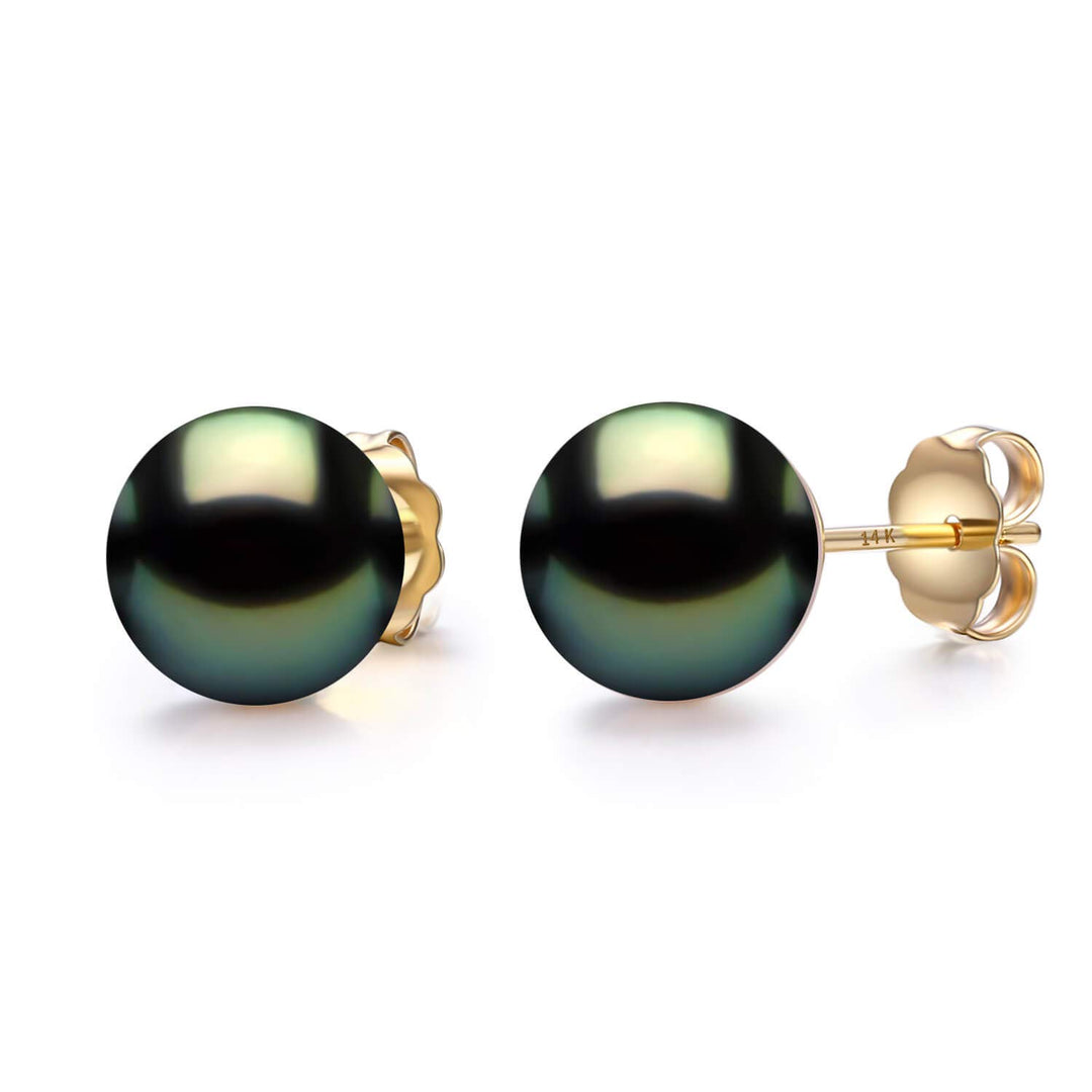 14K Thick Yellow Gold Tahitian Black Pearl Stud Earrings