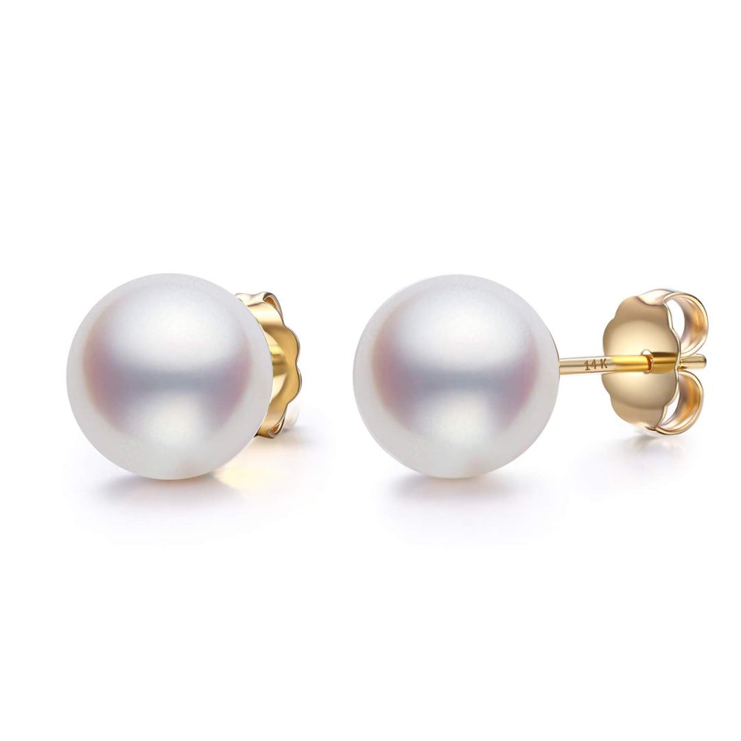 14K Heavy Yellow Gold Genuine White Pearl Stud Earrings