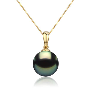 18K Solid Gold Tahitian Black Pearl Pendant Necklace