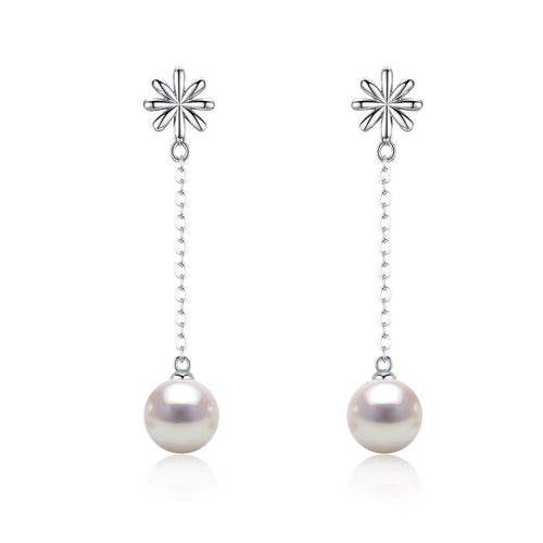 Sleek Minimalistic Flower White Pearl Dangle Earrings