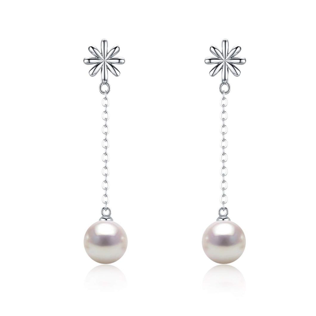 Sleek Minimalistic Flower White Pearl Dangle Earrings
