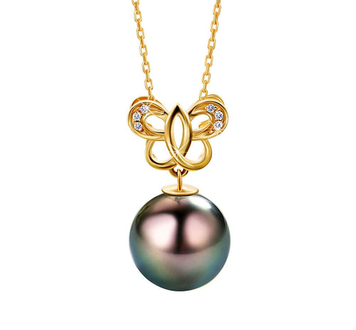 18K Gold Diamond Tahitian Black Pearl Butterfly Necklace