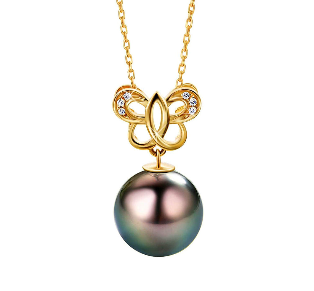 18K Gold Diamond Tahitian Black Pearl Butterfly Necklace