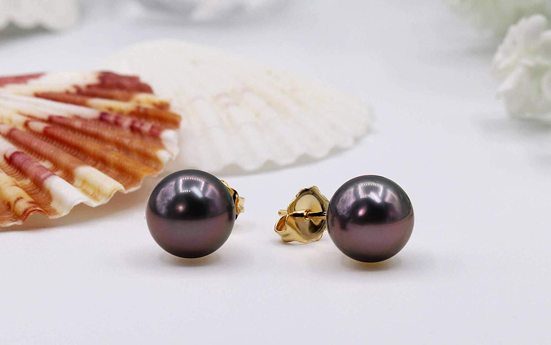 14K Thick Yellow Gold Tahitian Black Pearl Stud Earrings