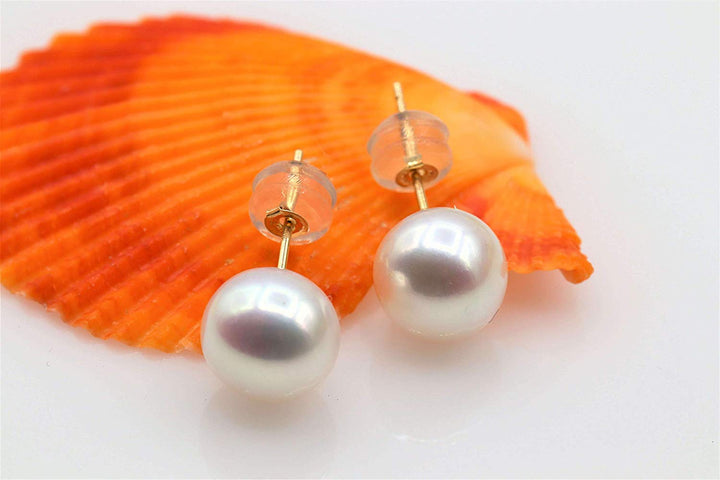14K Gold Genuine White Pearl Stud Earrings
