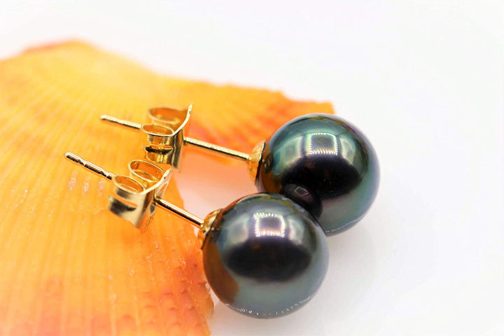 14K Gold Premium Tahitian Black Pearl Stud Earrings