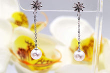 Load image into Gallery viewer, Sleek Minimalistic Flower White Pearl Dangle Earrings