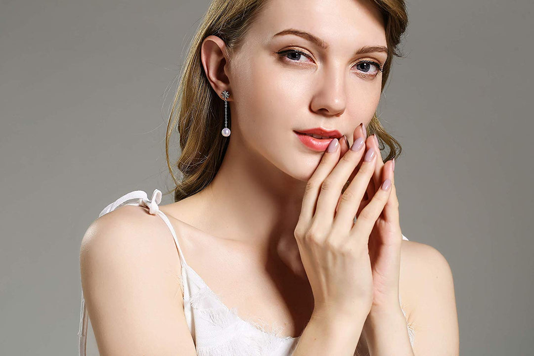 Sleek Minimalistic Flower White Pearl Dangle Earrings