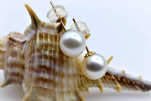 14K Gold Genuine White Pearl Stud Earrings