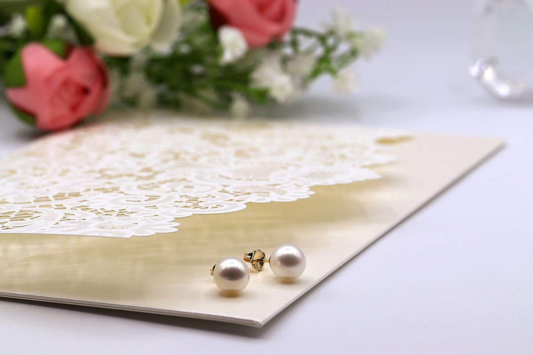 14K Heavy Yellow Gold Genuine White Pearl Stud Earrings