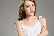 Load image into Gallery viewer, Sleek Minimalistic Flower White Pearl Dangle Earrings