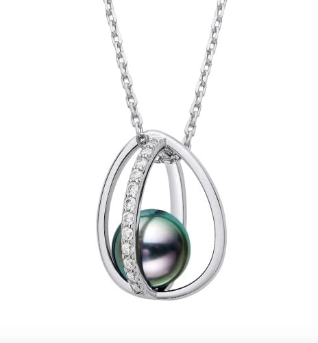 CHAULRI Drop of Love Tahitian Black Pearl Necklace w/ Moissanite accents and Adjustable 19 Inch Chain - CHAULRI