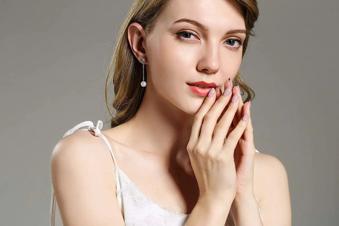 Sleek Minimalistic Flower White Pearl Dangle Earrings - CHAULRI