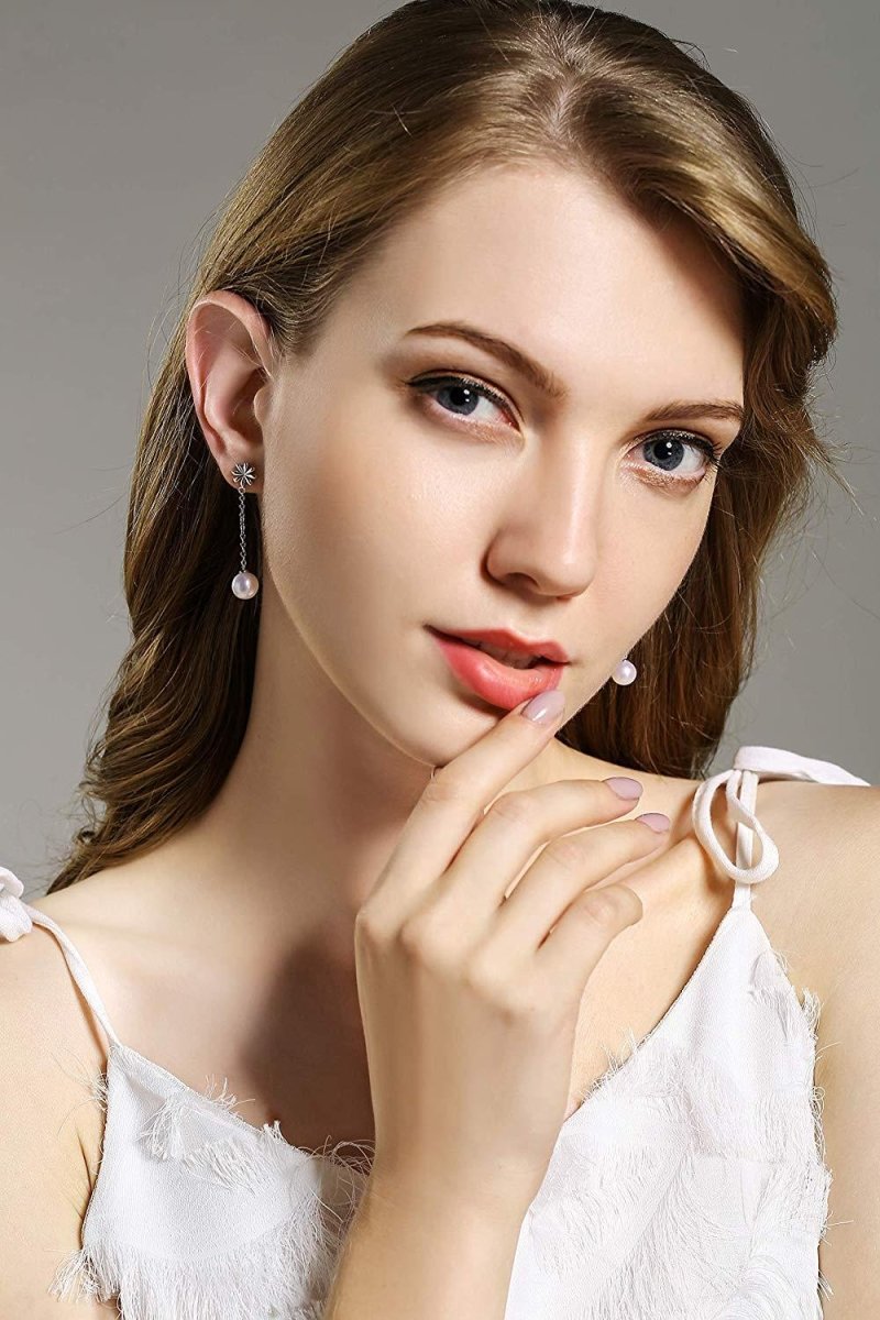 Sleek Minimalistic Flower White Pearl Dangle Earrings - CHAULRI