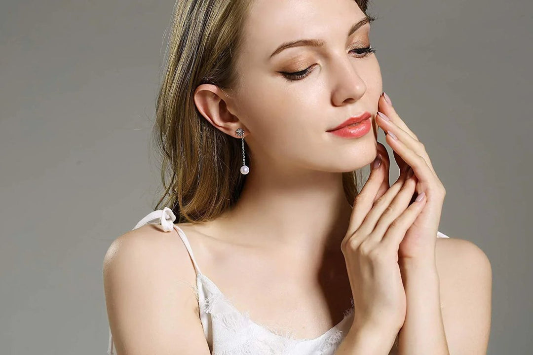 Sleek Minimalistic Flower White Pearl Dangle Earrings - CHAULRI