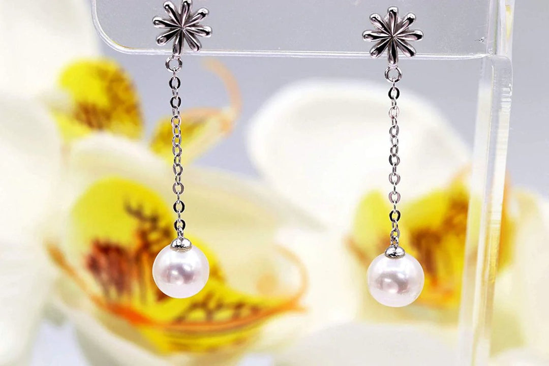 Sleek Minimalistic Flower White Pearl Dangle Earrings - CHAULRI