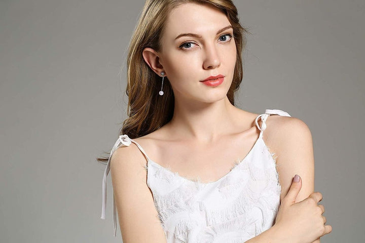 Sleek Minimalistic Flower White Pearl Dangle Earrings - CHAULRI