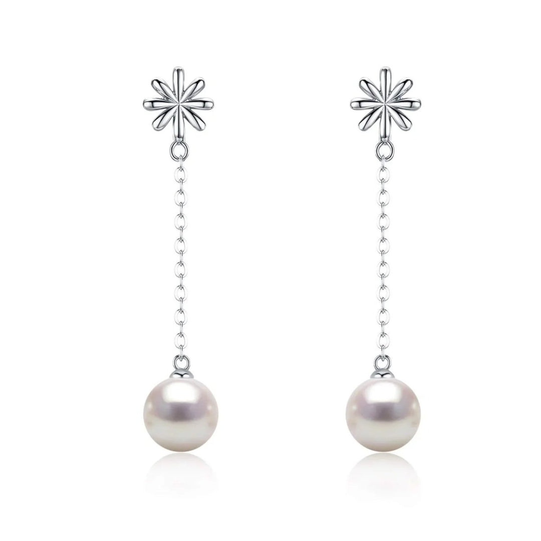 Sleek Minimalistic Flower White Pearl Dangle Earrings - CHAULRI